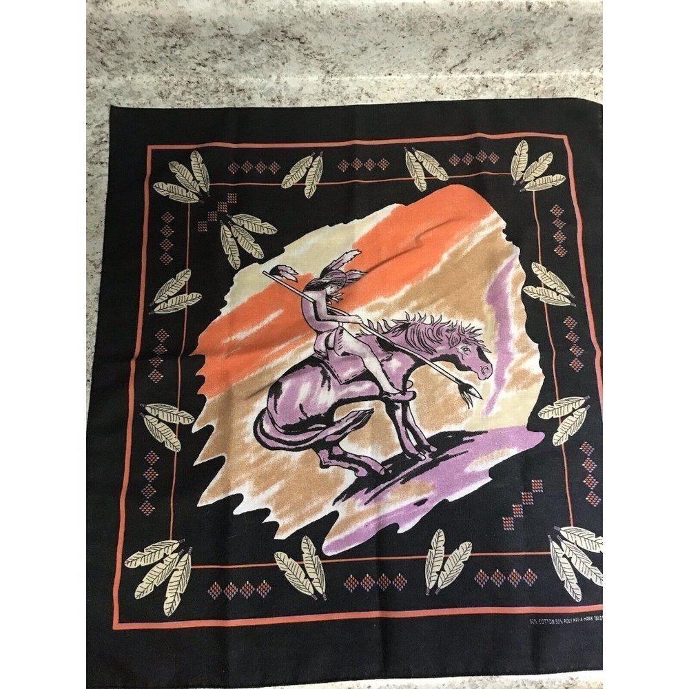 Sad Hunter on Horseback Native Southwest Faded Black Biker Bandana Made in USA